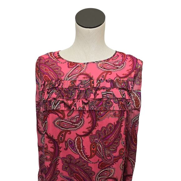 J. Crew Ruffle-Front Silk Chiffon Top‎ Vibrant Paisley Pink Womens Size 6 - Picture 11 of 11